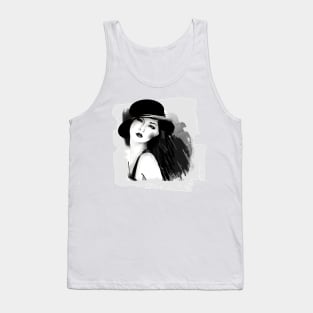 Girl with a Hat - Black & White Illustration Tank Top